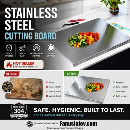 🥩 50% OFF! ✨ Double-Sided 304 Stainless Steel Cutting Board – Certified Food-Grade Non-Porous Surface, Antibacterial & Mold-Proof with Natural Odor Neutralization – Reinforced Core Won't Bend, Ergonomic Hanging Handle for Space-Saving Storage 🍽️