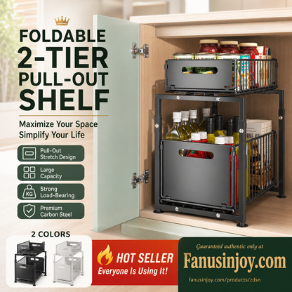 📦 50% OFF! ✨ 2-Tier Pull-Out Shelf – Independent Double-Tier Sliding, 5-Level Height Adjustable & Sturdy Carbon Steel – Maximize Cabinet Storage Effortlessly 💪