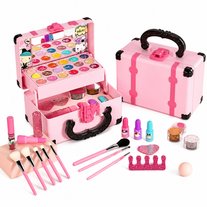 Kids Pretend Play Makeup Kit for Girls Stage Performance Cosmetics and Eyeshadow Toy Set with Carrying Case