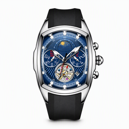 🕰️ Men's Tonneau Quartz Chronograph Watch with Skeleton Flywheel Dial Moon Phase Calendar and Silicone Strap